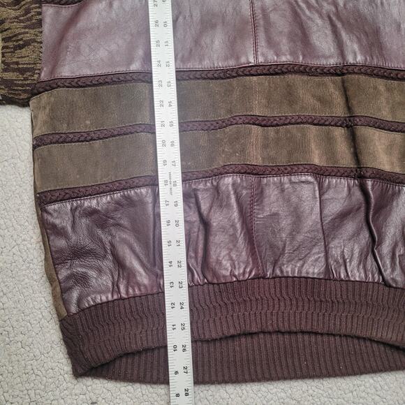 Vintage Saxony Sweater Mens Large Green Burgundy Patchwork Leather Suede 90s - Picture 11 of 11